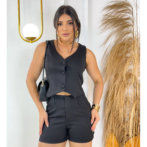 Conjunto Alfaiataria Colete Decote Em V + Short Com Cinto Look Sofisticado
