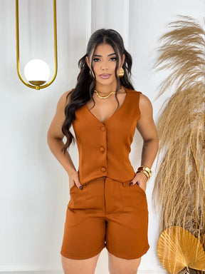 Conjunto Alfaiataria Colete Decote Em V + Short Com Cinto Look Sofisticado